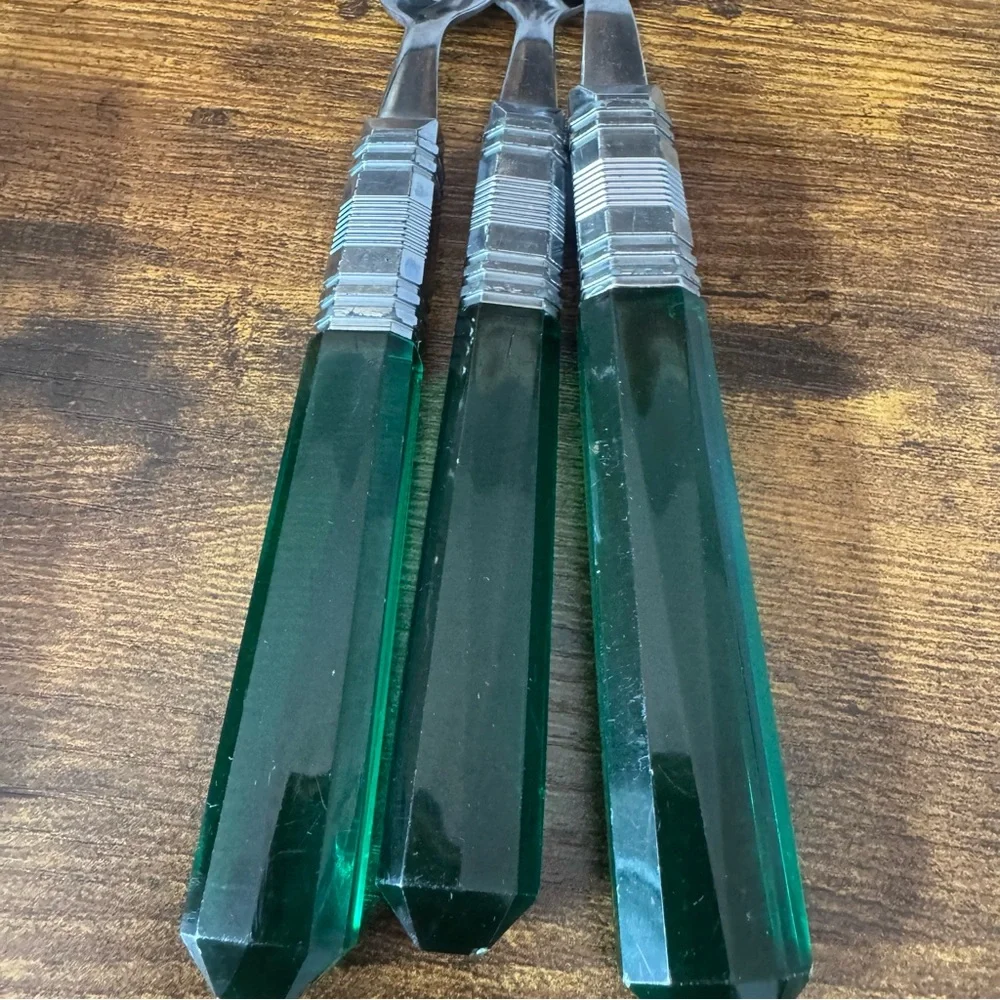Vintage Emerald Green Lucite Handle Flatware Set Stainless Taiwan Hong Kong 15pc